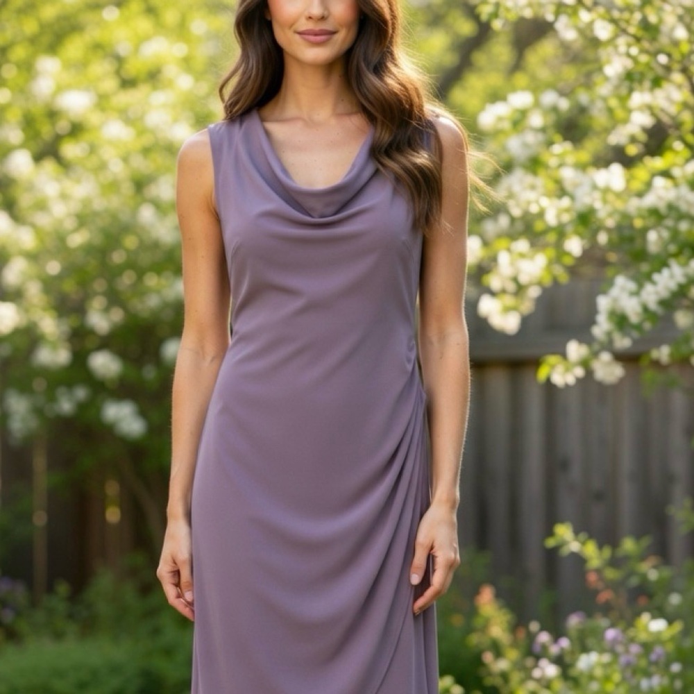 Ann Taylor Lavender Purple Draped Midi Dress Faux Wrap Cowl Collar Stretch Knit